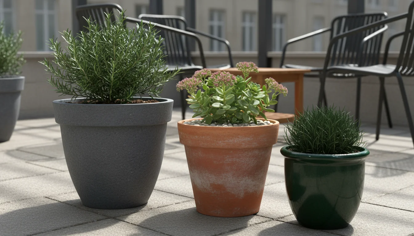 Close-up of three healthy container plants (rosemary, sedum with gravel, ornamental grass) on a sunny urban patio, showing practical, low-maintenance