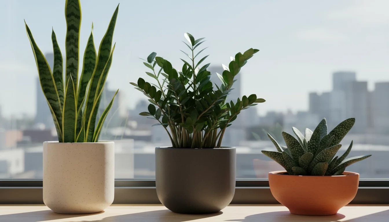 Three healthy, drought-tolerant houseplants (Sansevieria, ZZ plant, Gasteria) in assorted pots on a bright window sill.
