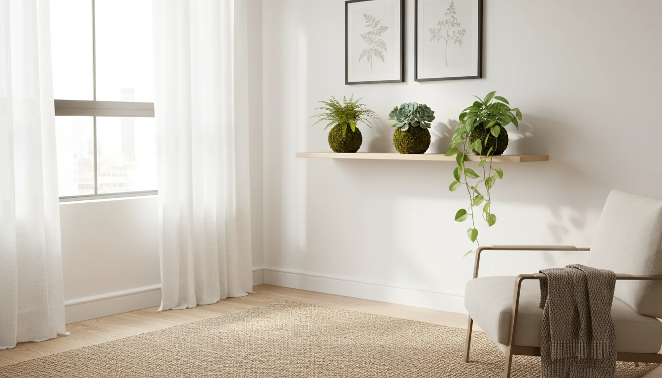 Three healthy Kokedama on a wooden shelf in an apartment, illuminated by soft, indirect light from a window with sheer curtains.