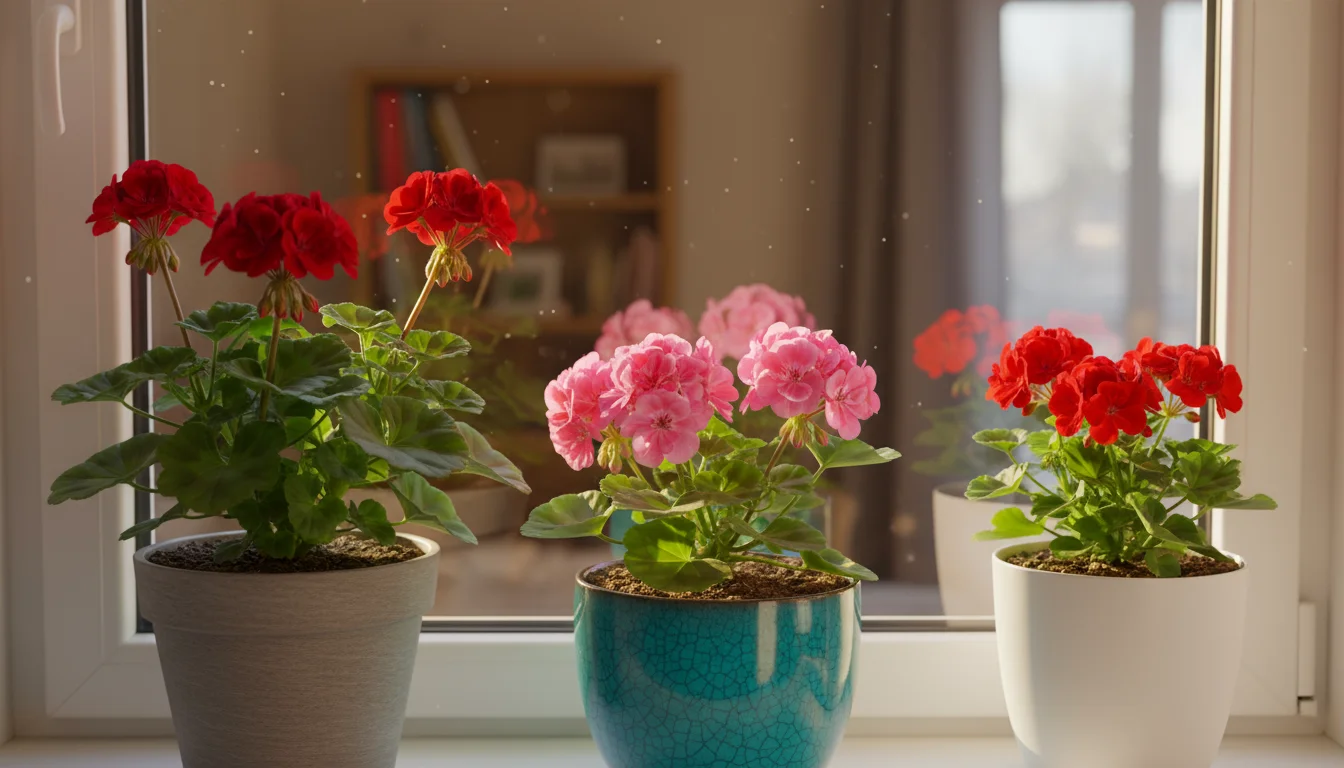 Three healthy pink and red geraniums in diverse small pots on a bright, sunny interior windowsill, showing dry topsoil.