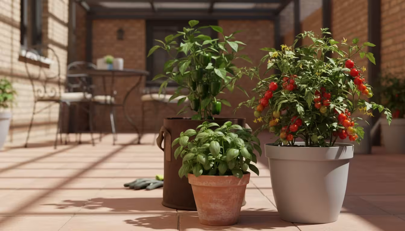 Three healthy plants in terracotta, light plastic, and fabric pots on a sunny patio, demonstrating container material differences.