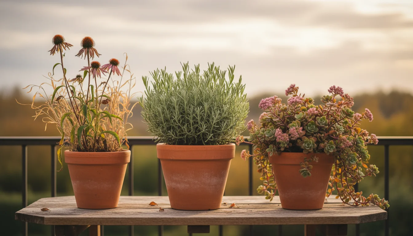 Three healthy potted perennials: 'Munstead' lavender, purple coneflower with dried seed heads, and trailing sedum on a balcony table.