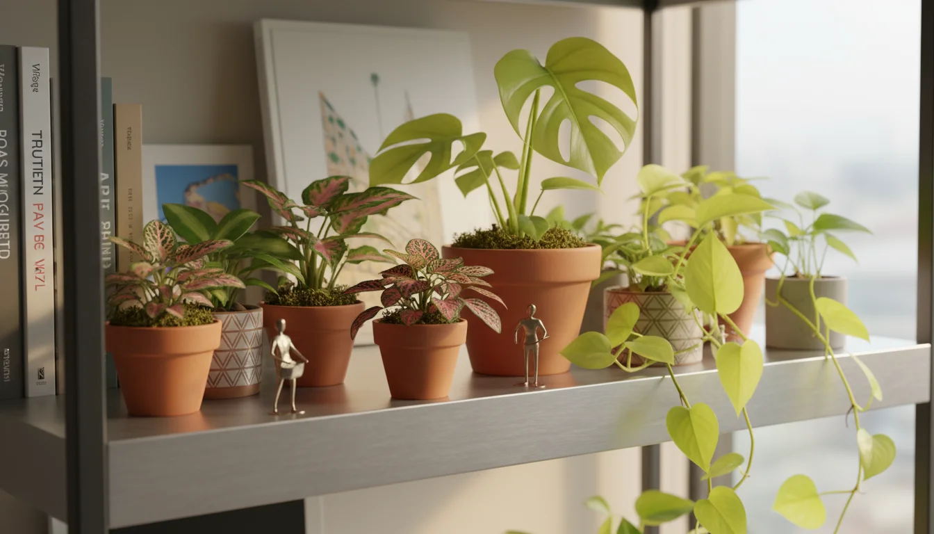 Three healthy tropical houseplants (Fittonia, mini Monstera, Pothos) on a modern shelf, with hands holding a book in the blurred background.
