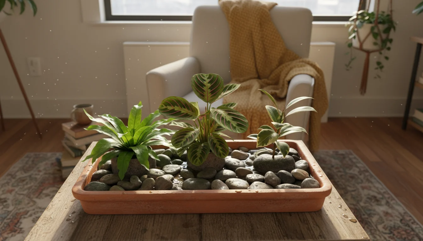 Three healthy tropical houseplants grouped on a terracotta pebble tray, basking in soft natural light on a small wooden table.