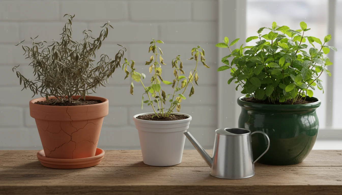 Three herb pots on a wooden shelf: rosemary in terracotta with dry soil, basil in plastic slightly drooping, and mint in glazed ceramic with moist soi