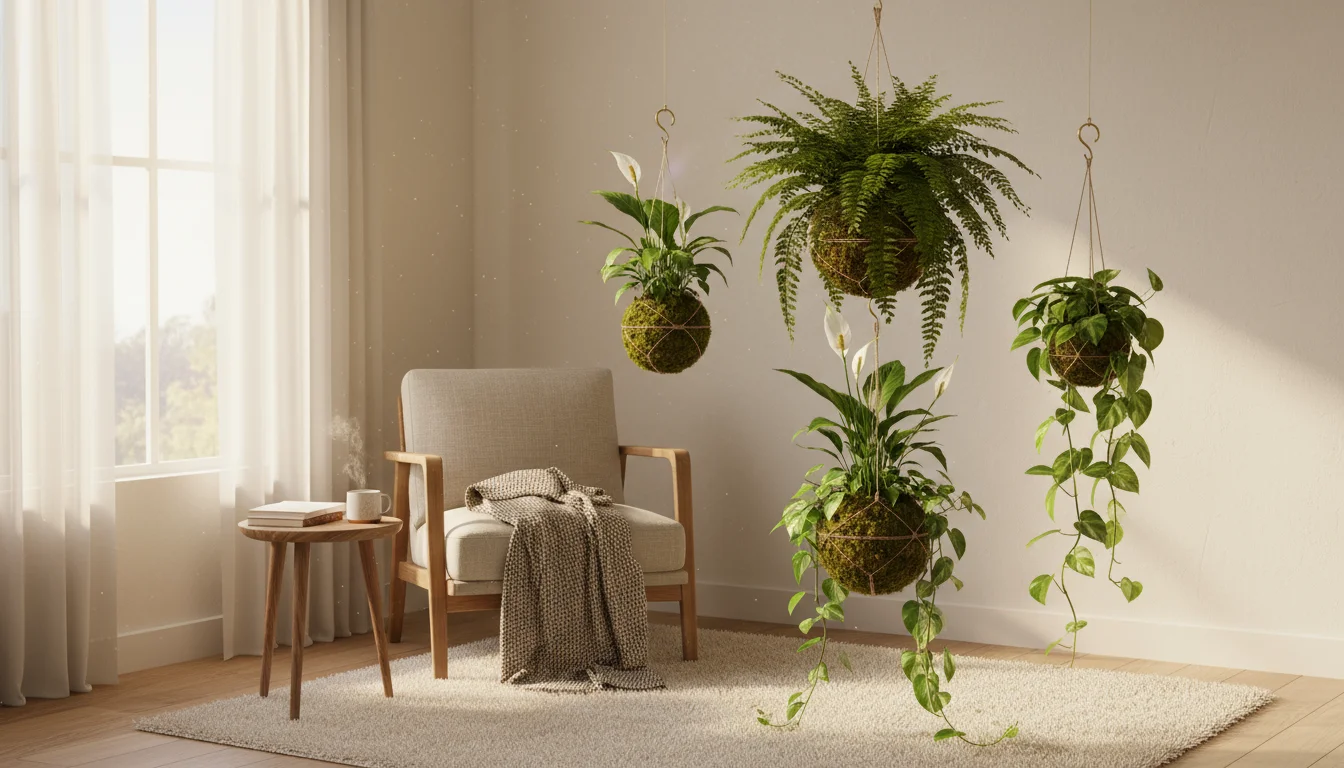 Three Kokedama moss balls, containing fern, peace lily, and pothos, hang at varying heights in a sunlit room corner.
