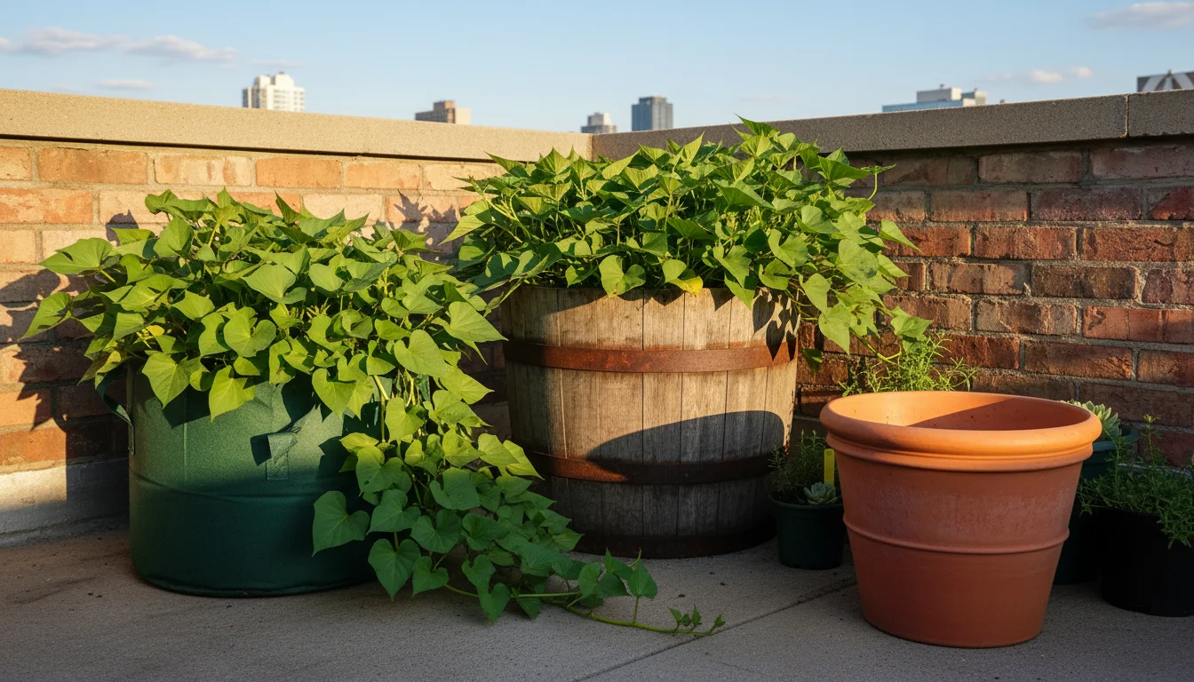 Three large containers on a sunny patio: a fabric grow bag and a whiskey barrel each with sweet potato plants, and an empty terracotta pot.