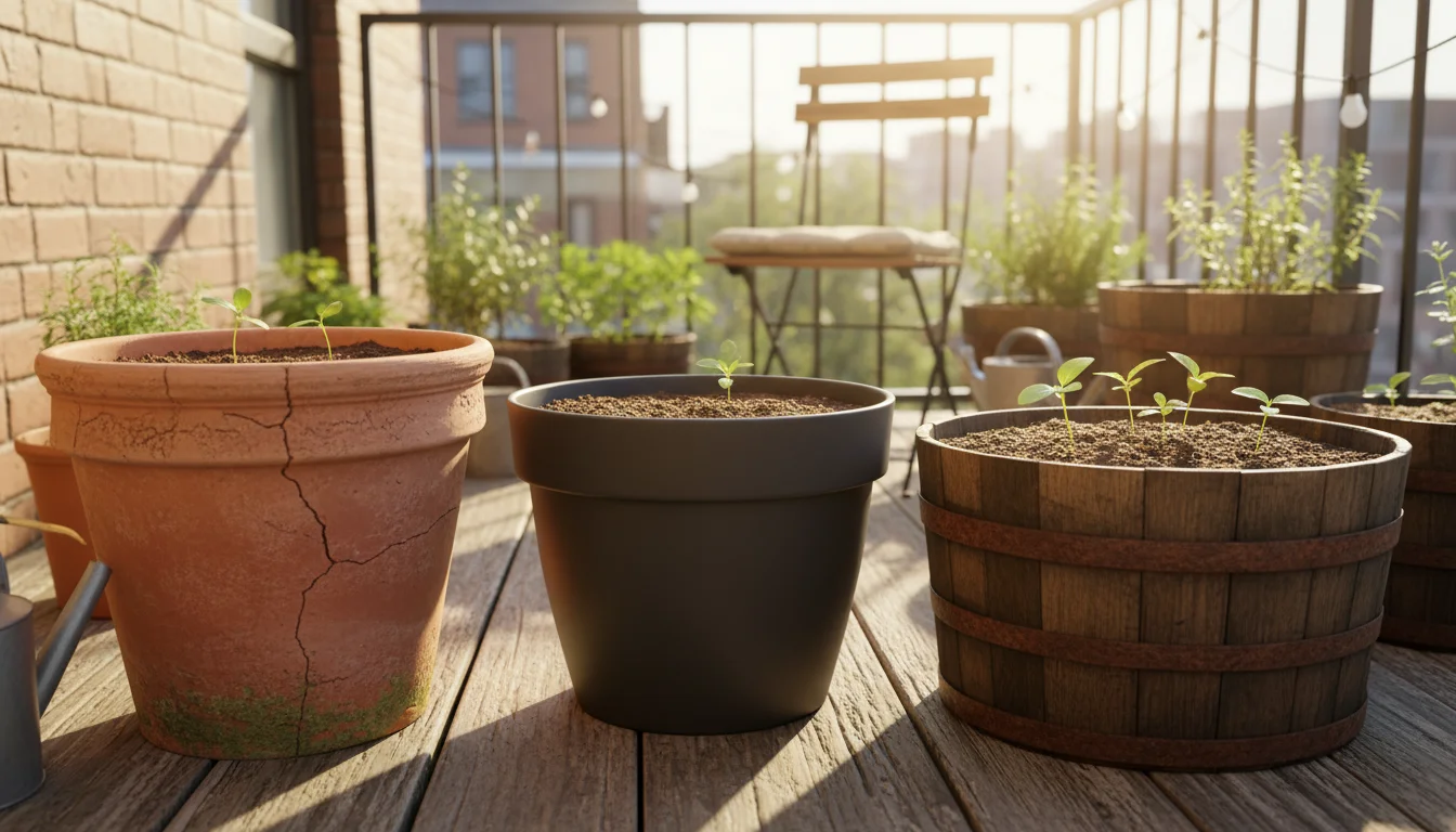 Three large containersâterracotta, dark resin, and a half whiskey barrelâon a sunny balcony, showing varied pot materials and sizes.