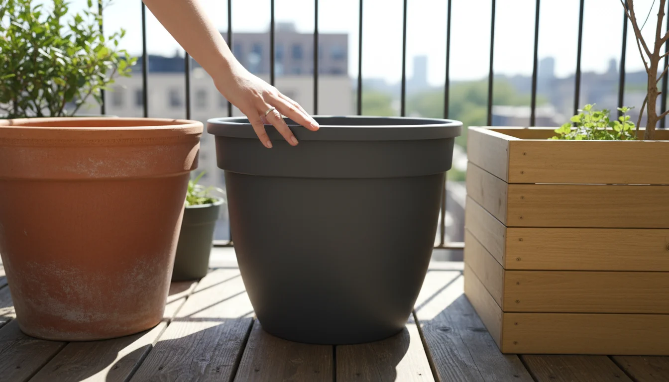 Three large, deep containers (terracotta, dark resin, slatted wood) on a balcony, with a hand resting on one, highlighting size and material.