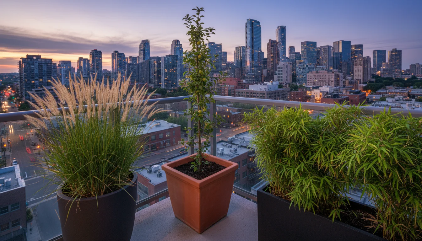 Three large planters with ornamental grass, columnar apple tree, and clumping bamboo strategically screen an urban balcony, providing privacy.
