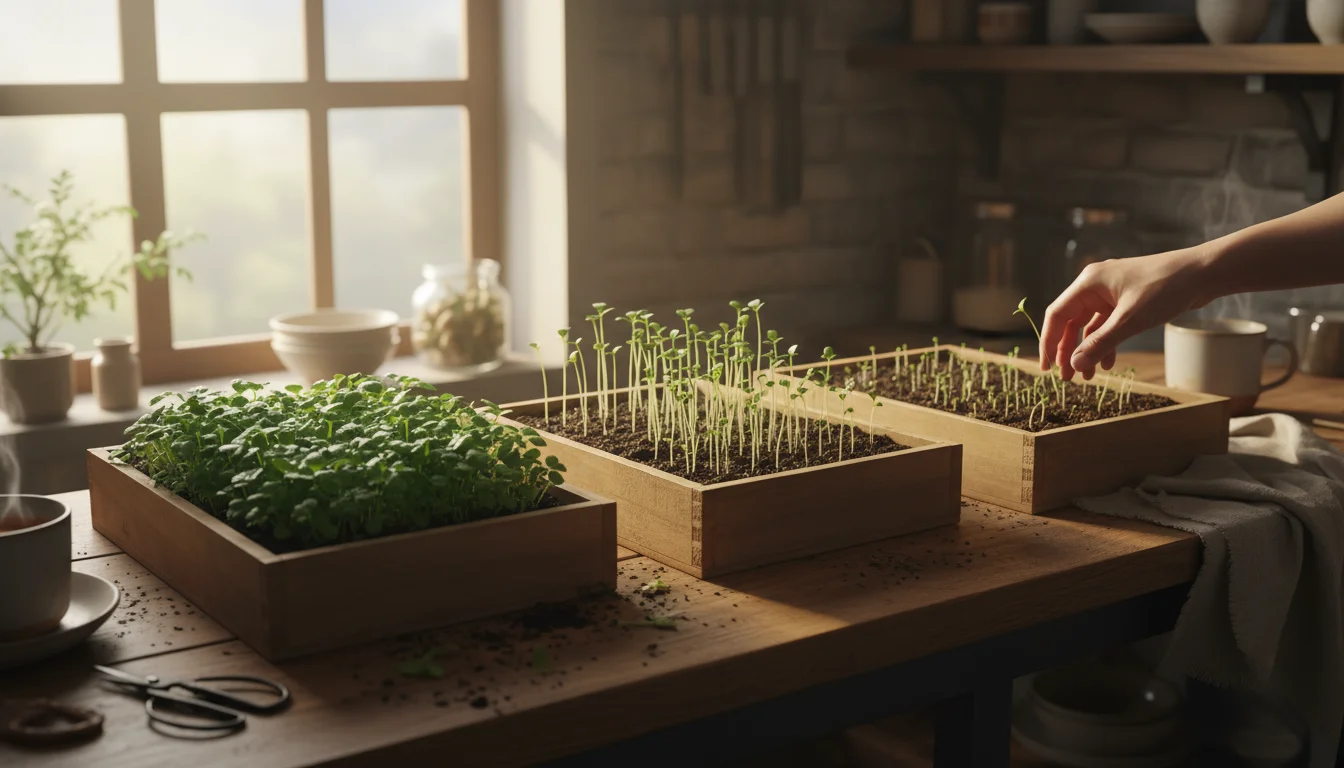 Three microgreen trays on a rustic counter in morning light, showing different growth stages, with a hand reaching for a mature tray.