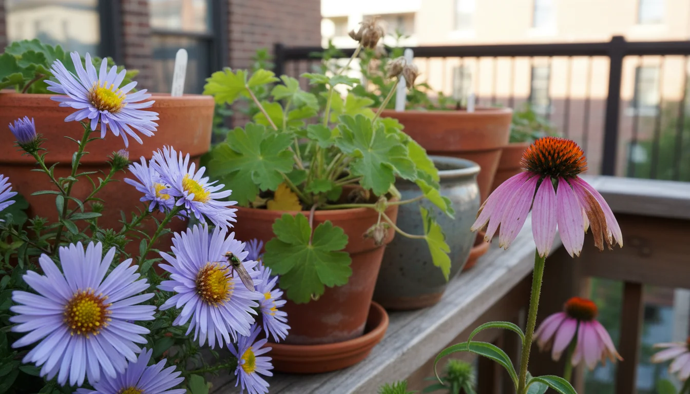 Close-up of three native plants in pots on a balcony: a purple aster with a tiny hoverfly, a fading coneflower, and green geranium leaves.
