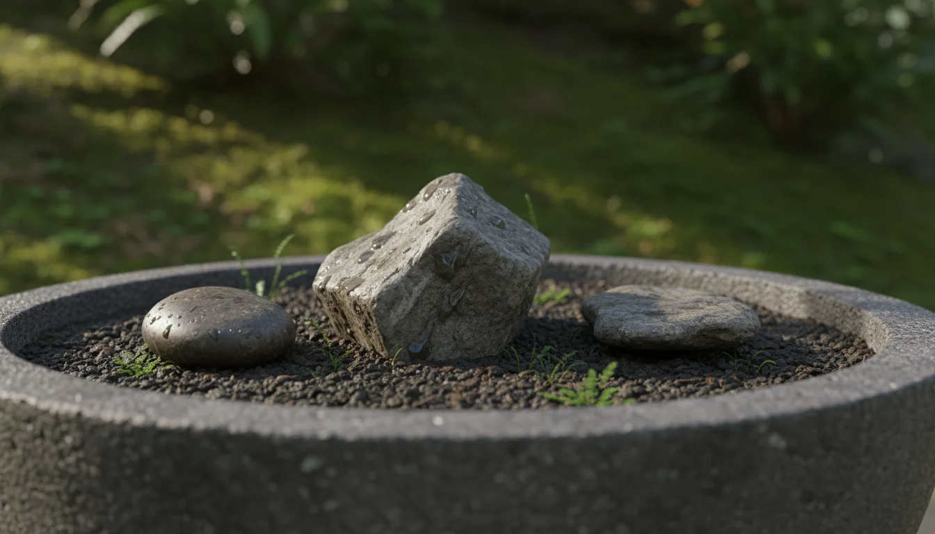 Close-up of three natural, textured grey river stones intentionally placed in a shallow concrete planter on an urban balcony, partially buried.