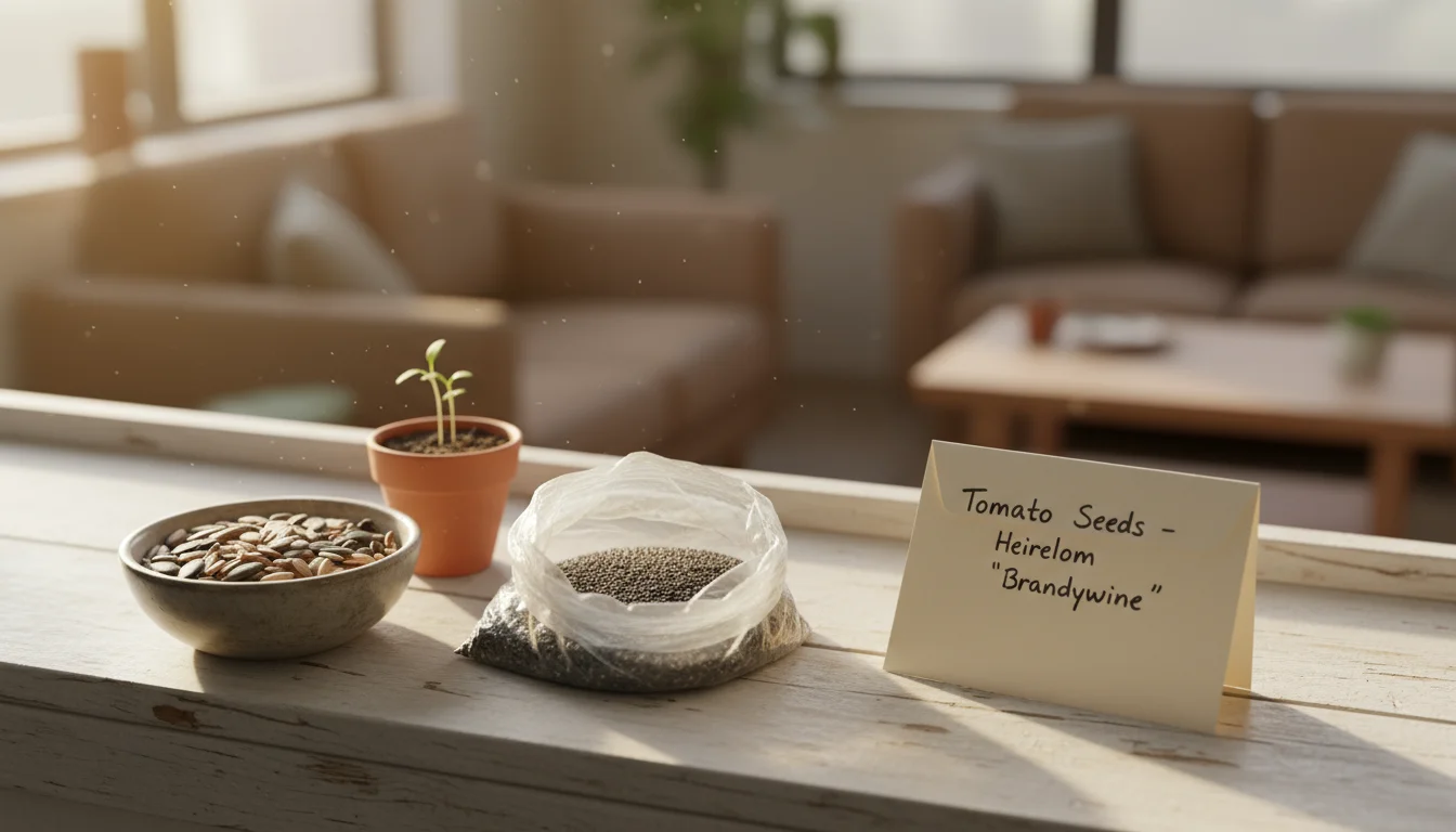 Three open, unsealed containers of seeds (ceramic ramekin, plastic baggie, paper envelope) sit on a bright, sun-drenched windowsill.