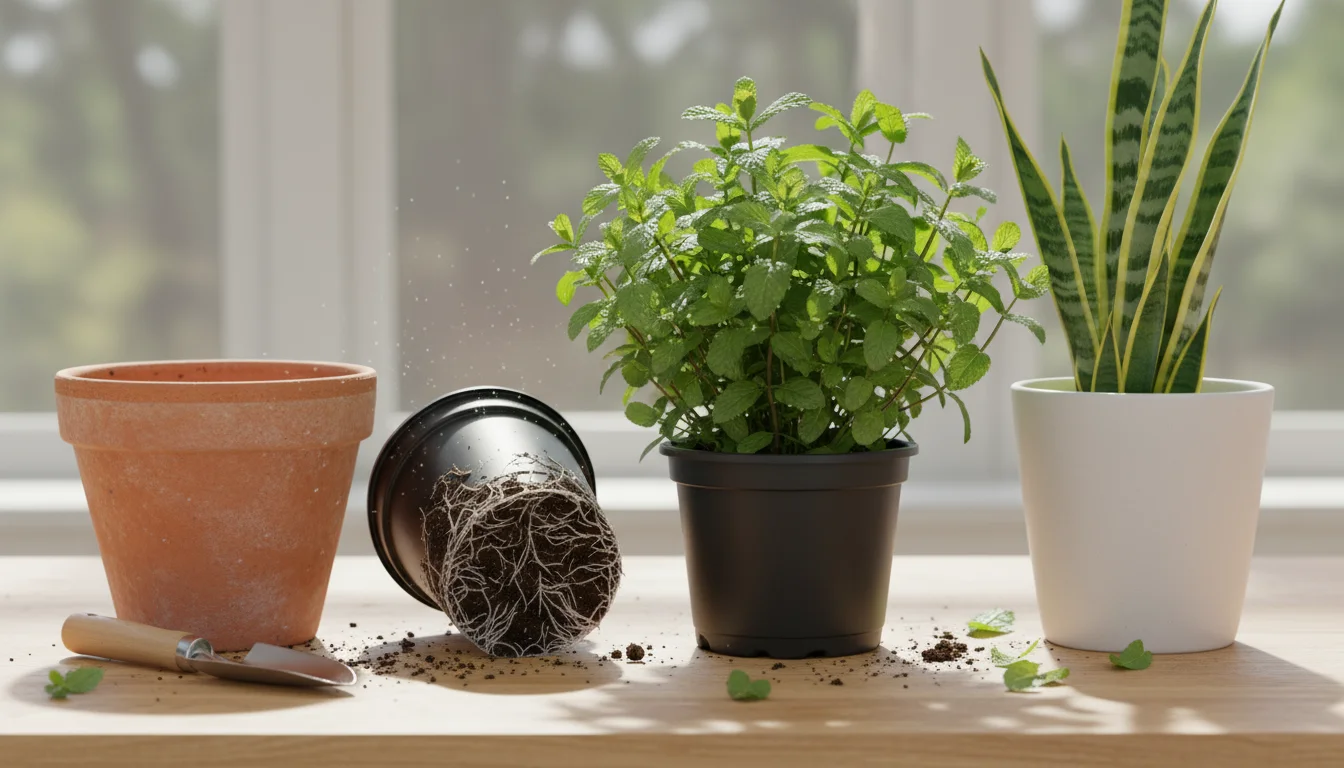Three plant pots on a wood surface: terra cotta, plastic nursery pot lifted from a ceramic cachepot with pebbles, and a glazed ceramic pot with tray.