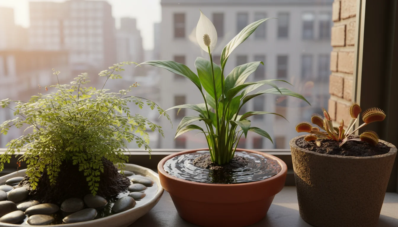 Three plants - a fern, a peace lily, and a Venus flytrap - grouped in pots. The fern is on a pebble tray, the lily is bottom-watering. Soil looks mois