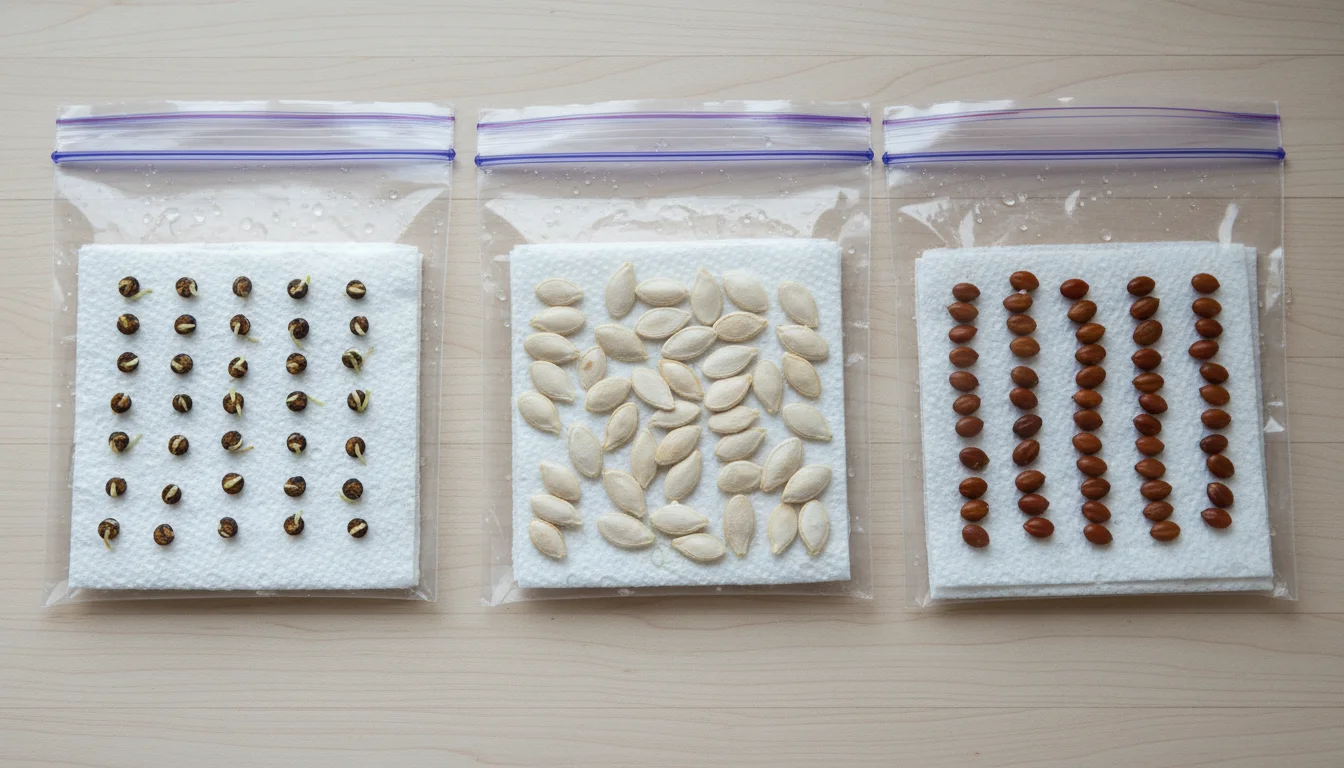 Three clear plastic bags, each containing a damp paper towel with garden seeds showing tiny white root sprouts, lined on a wooden counter.