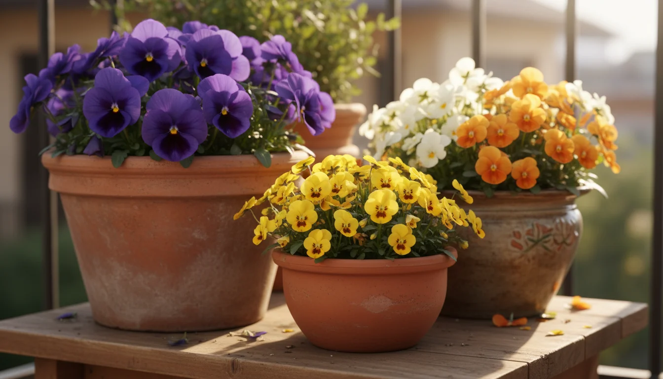 Three pots of vibrant purple, yellow, white, and orange pansies and violas arranged on a wooden balcony surface.
