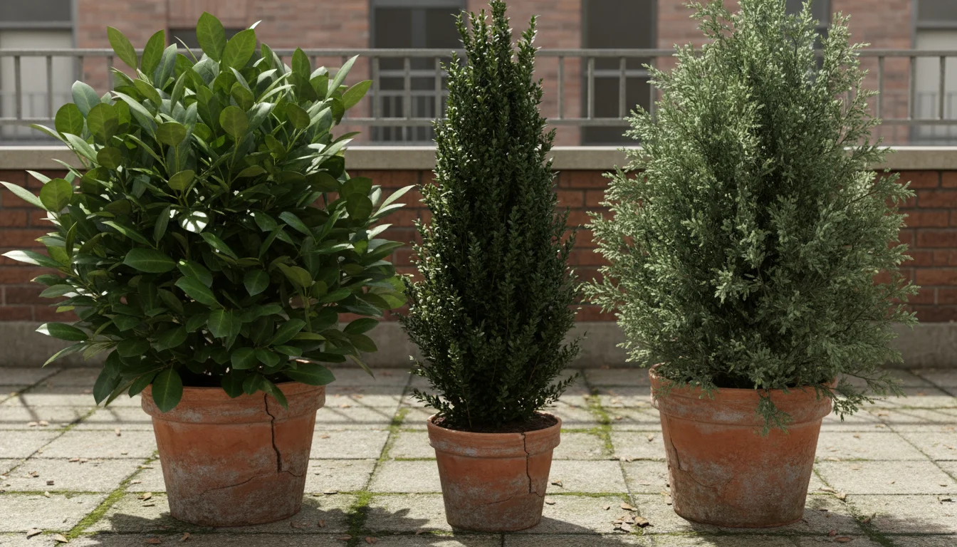 Close-up of three potted evergreen plants on an urban patio: a columnar conifer, a broadleaf evergreen, and a compact shrub, all showing dense foliage