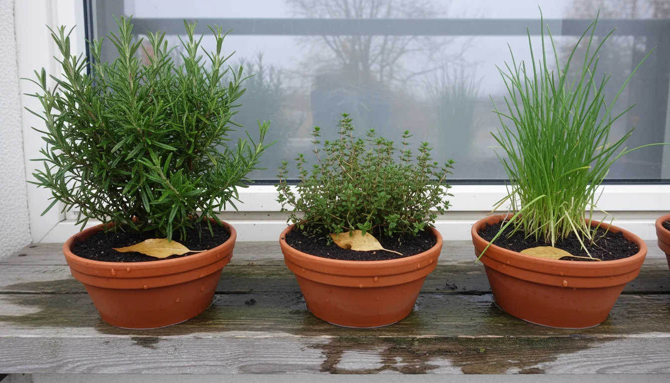 Three potted herbs on a weathered wooden balcony shelf in late autumn, with damp soil and fallen leaves, suggesting unadjusted watering.