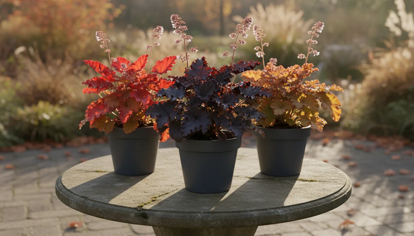 Three potted Heuchera plants with deep red and burgundy leaves on a weathered stone table in soft autumn light.