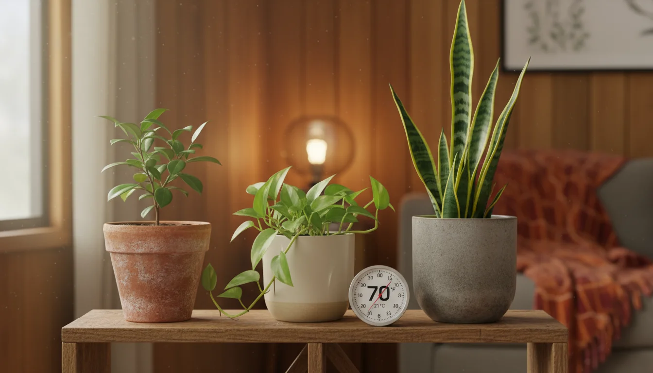 Three potted houseplants on a shelf with a thermometer showing 70°F. Ficus, Pothos, Sansevieria in terracotta and ceramic pots.