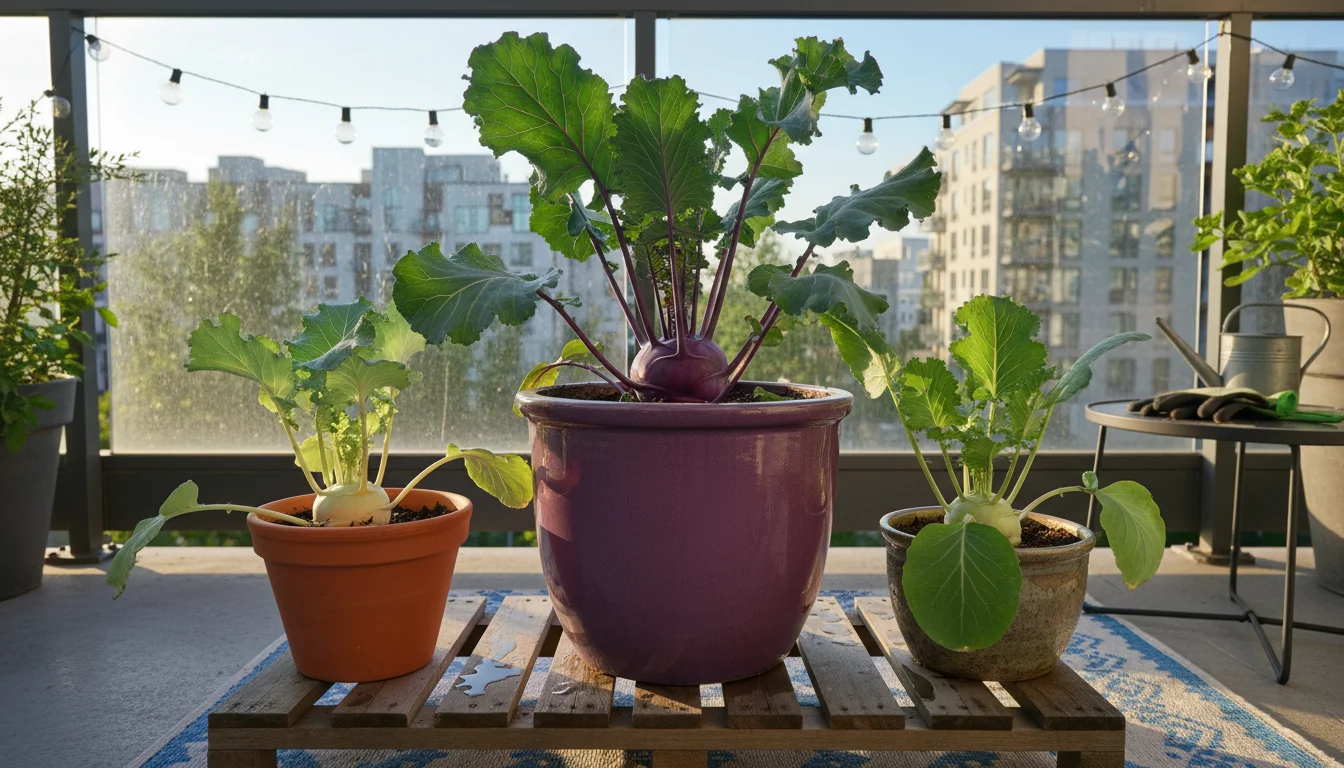 Three potted kohlrabi plants on a sunny patio: a purple 'Early Purple Vienna', a pale green 'Early White Vienna', and a larger 'Kossak'.