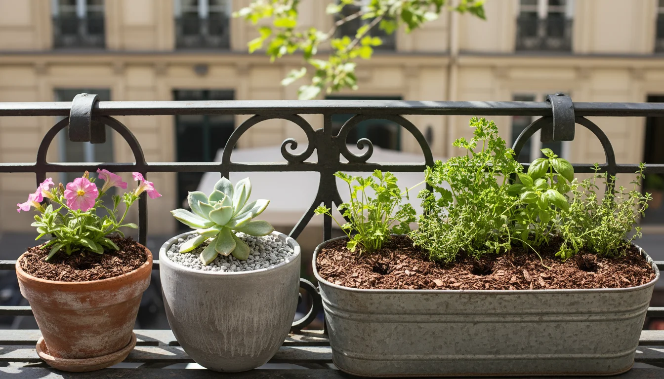 Three potted plants on a balcony railing, showing different mulching: thin leaf mulch on a small flower, gravel on a succulent, and deeper leaf mulch 