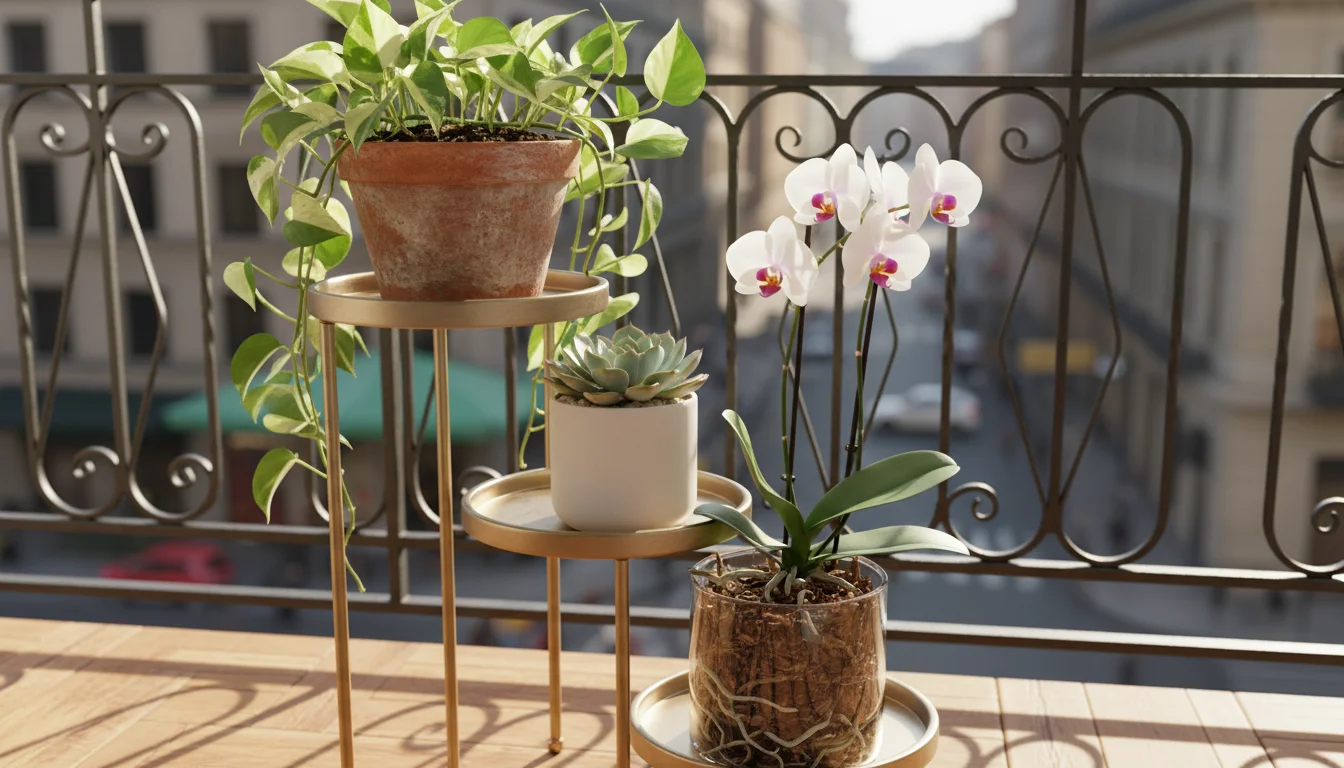Three potted plants on a sunlit balcony plant stand. A Pothos in dark, aerated soil, an Echeveria succulent in pale, gritty soil, and an orchid in chu