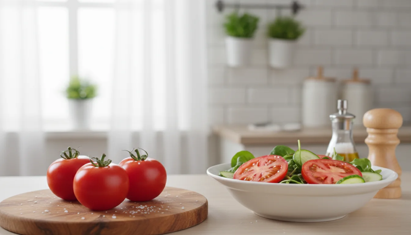 Three ripe red tomatoes on a wooden board next to a fresh green salad with tomato slices in a white bowl on a bright kitchen counter. A basil plant is