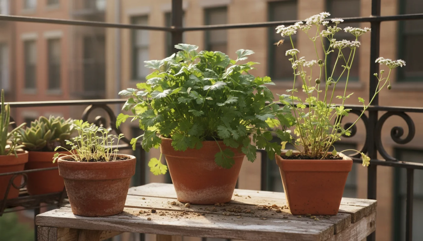 Three rustic terracotta pots on a sunlit patio table: one with tiny cilantro seedlings, one with lush mature cilantro, and one with cilantro starting