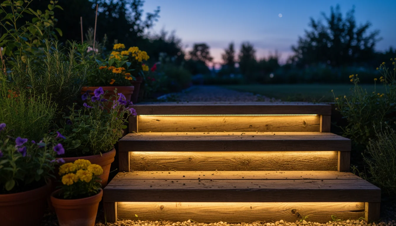 Three rustic wooden garden steps at dusk, lit by warm LED strip lights beneath each riser and a solar path light at the base, bordered by potted plant