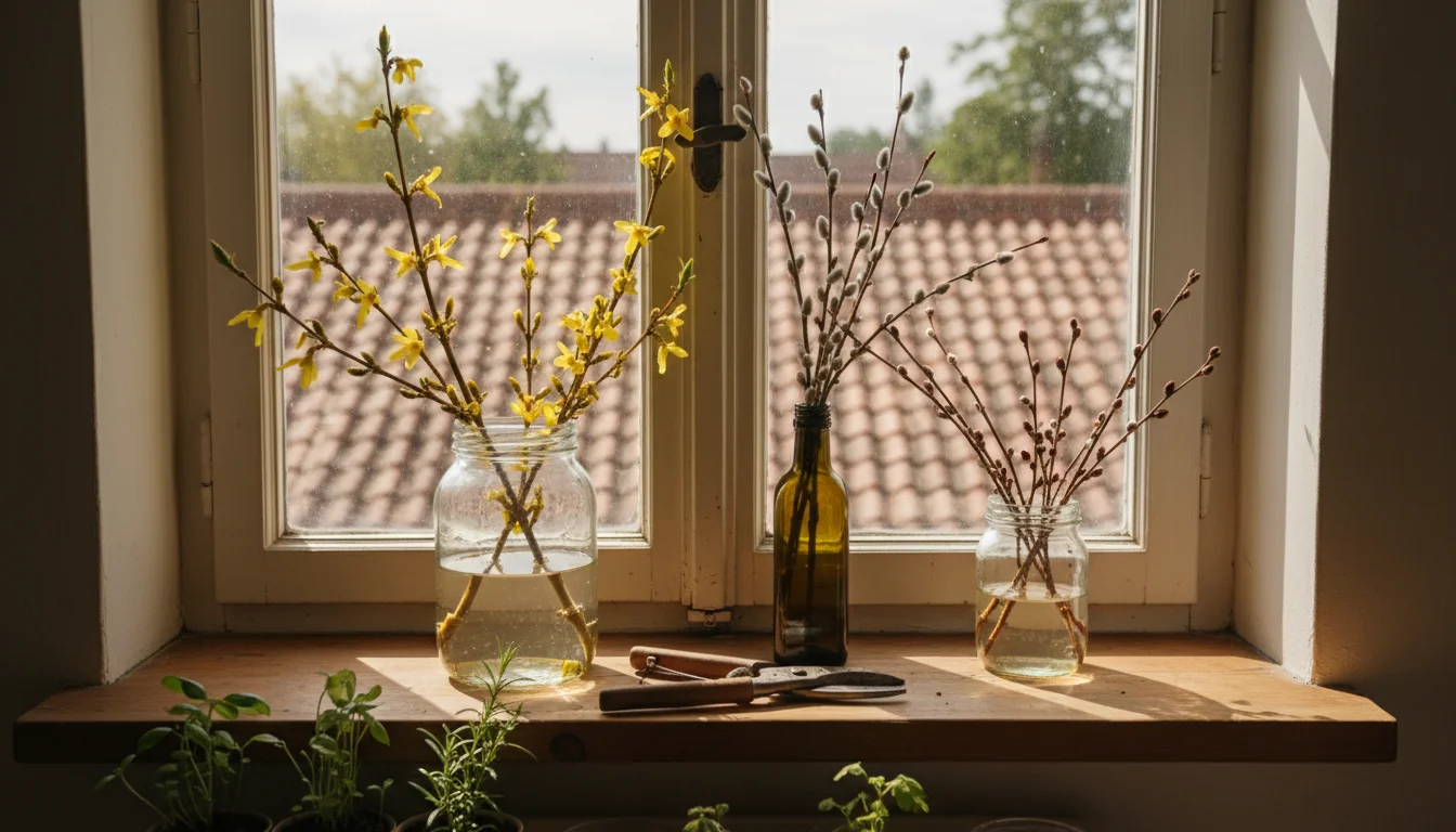 Three simple glass jars on a bright windowsill holding cut branches: Forsythia with swelling yellow buds, Pussy Willow with fuzzy catkins, and cherry 
