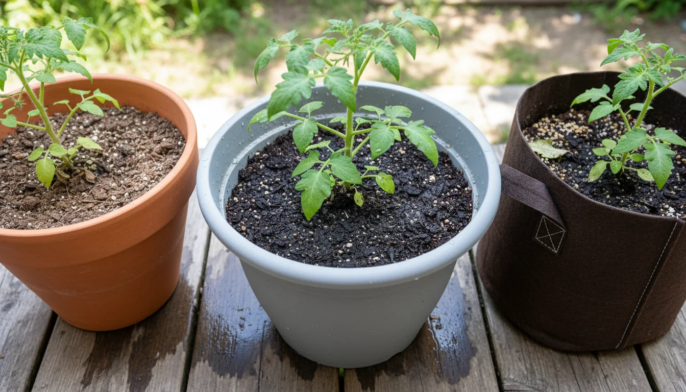 Three small determinate tomato plants in light grey plastic, terracotta, and dark brown fabric pots on a weathered wooden patio, highlighting soil moi