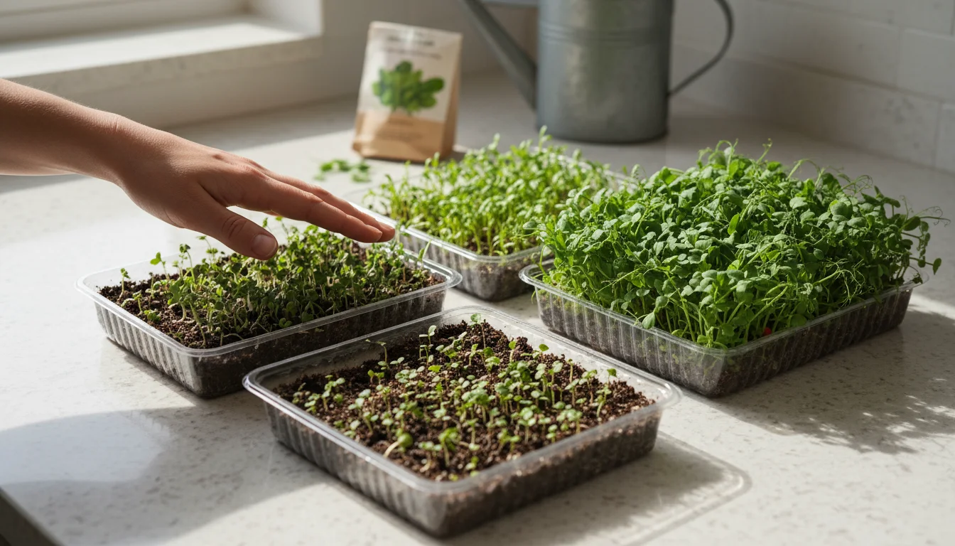 Three small microgreen trays on a kitchen counter, showing distinct stages of growth from sprout to mature, with a hand hovering over the ready tray.