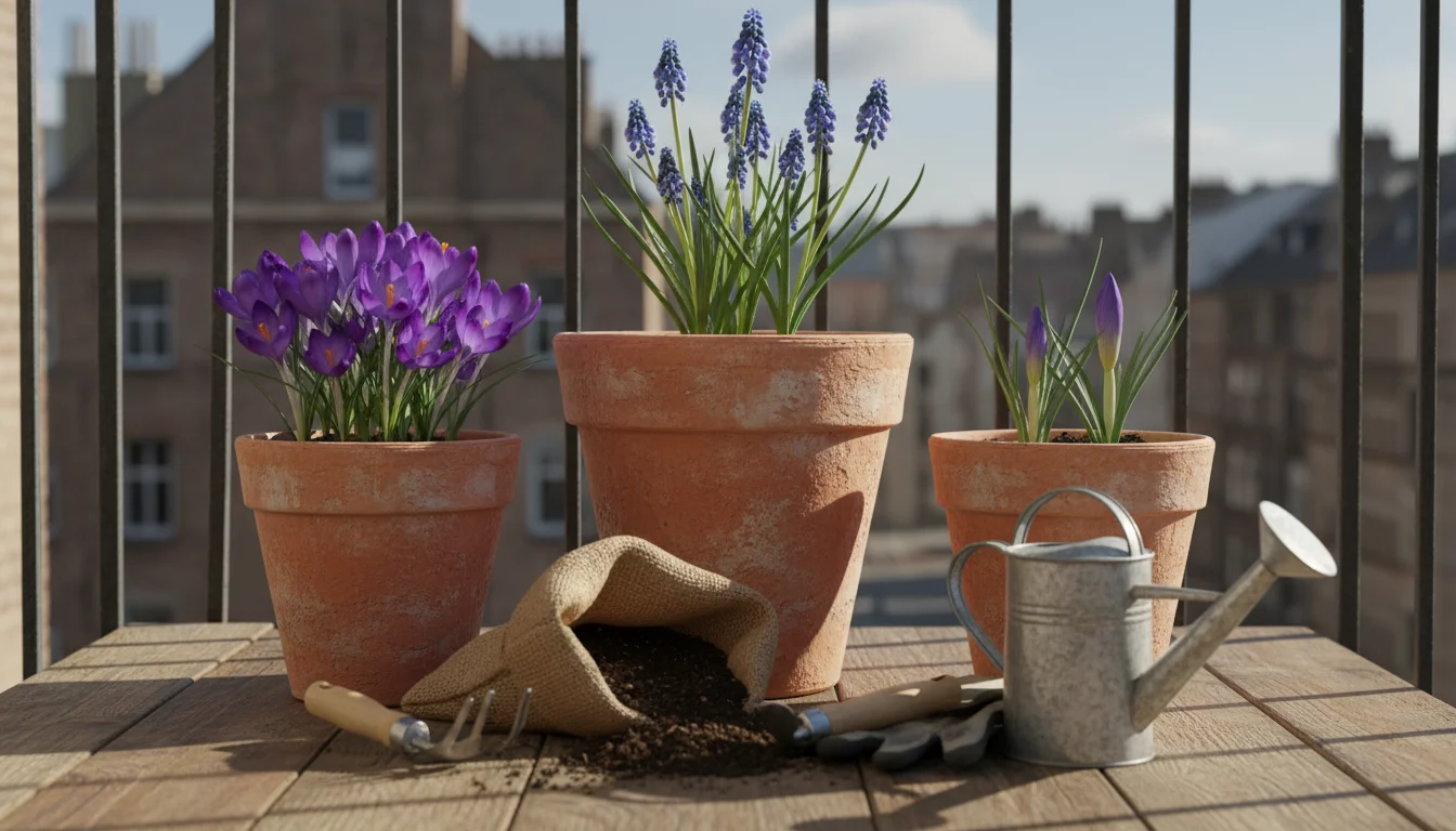 Three small pots with blooming crocus, budding muscari, and dwarf iris leaves on a balcony, with unplanted bulbs in a bag.