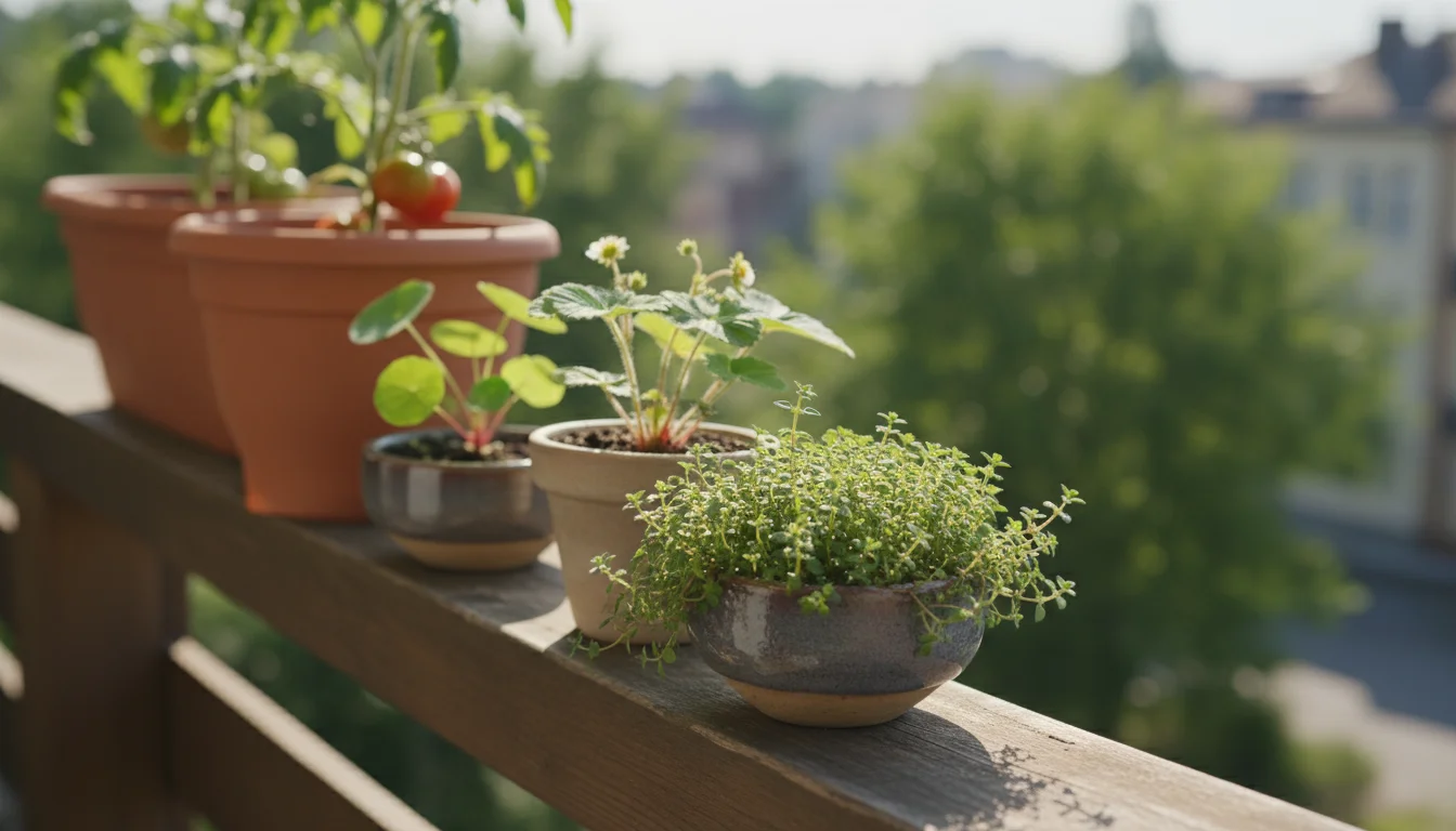 Three small pots of edible groundcovers (thyme, wild strawberry, nasturtium) on a weathered wooden balcony railing, a larger tomato pot blurred behind