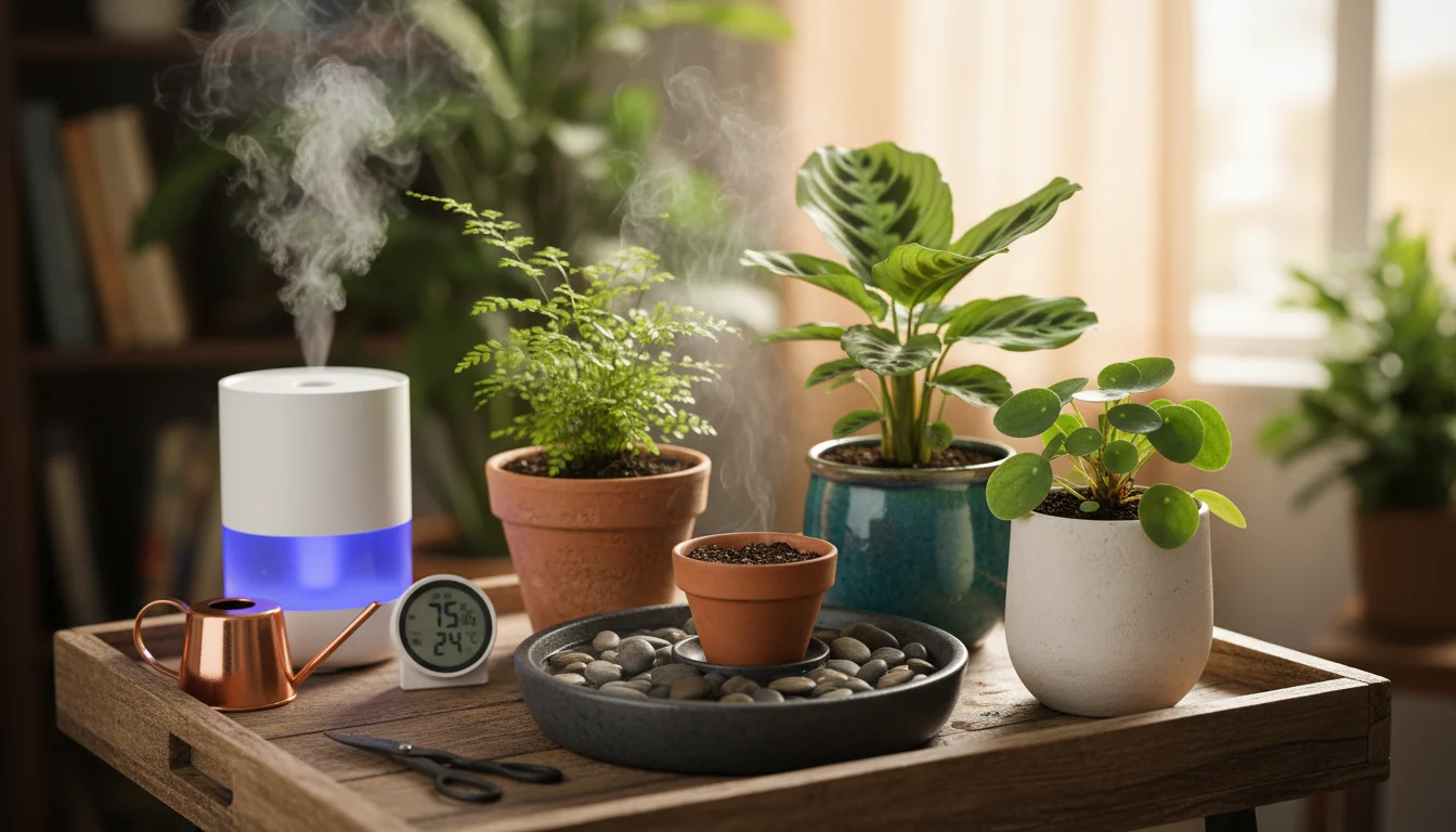 Close-up of three small potted tropical plants on a wooden tray, one on a pebble tray, with a compact humidifier emitting mist.