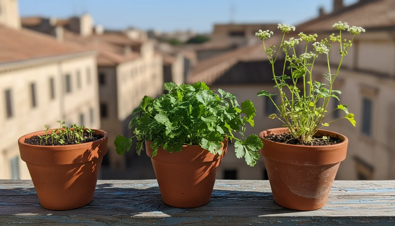Three small terra cotta pots on a balcony railing, showing cilantro from tiny sprouts, to lush leaves, to an older plant beginning to bolt.