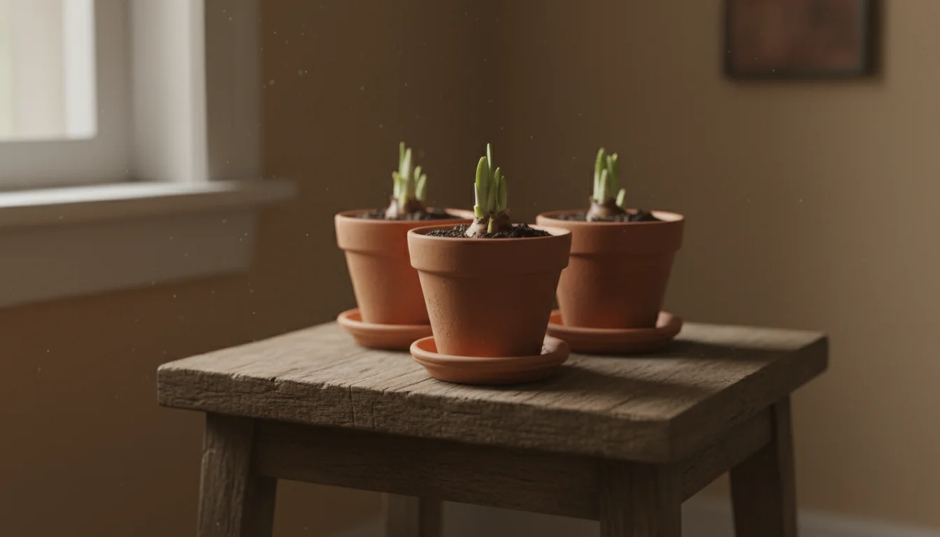 Three small terracotta pots with short, pale green bulb shoots sit on a wooden stool in a dimly lit indoor corner.