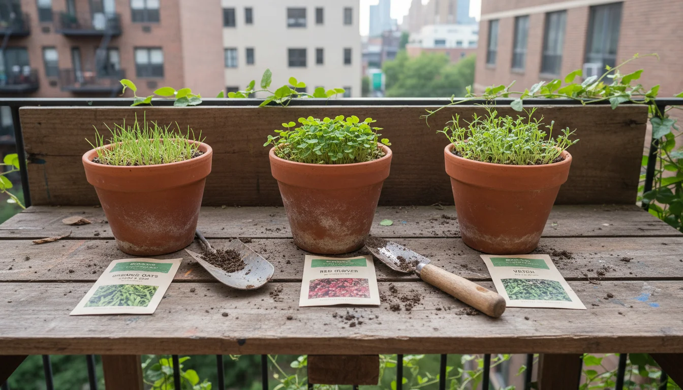 Three small terracotta pots with tiny cover crop sprouts and their seed packets on a wooden bench on a balcony.