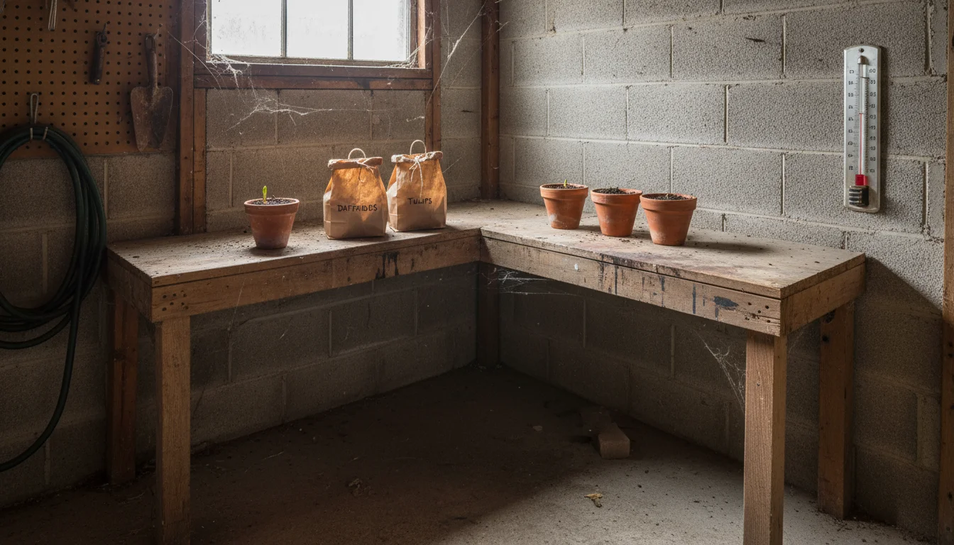 Three small terracotta pots and two brown paper bags containing bulbs on a wooden shelf in a cool shed, with a thermometer.