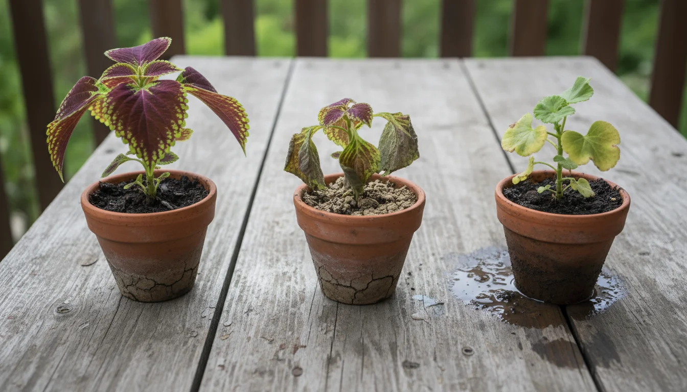 Three small terracotta pots on a wooden table: a healthy coleus, a wilted coleus in dry soil, and a wilted geranium in wet soil.