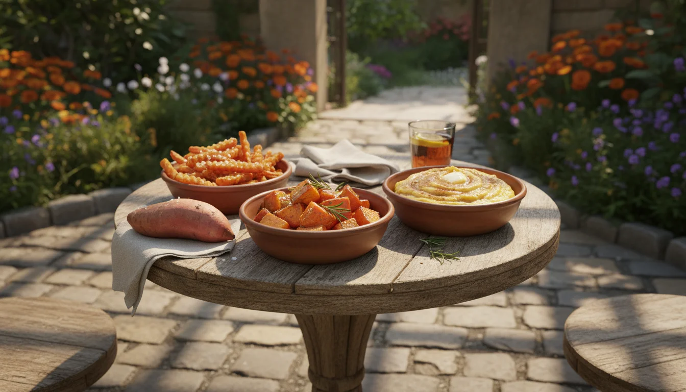 Three sweet potato dishes—fries, roasted cubes, and mashed—on a small outdoor table, with a raw sweet potato nearby.