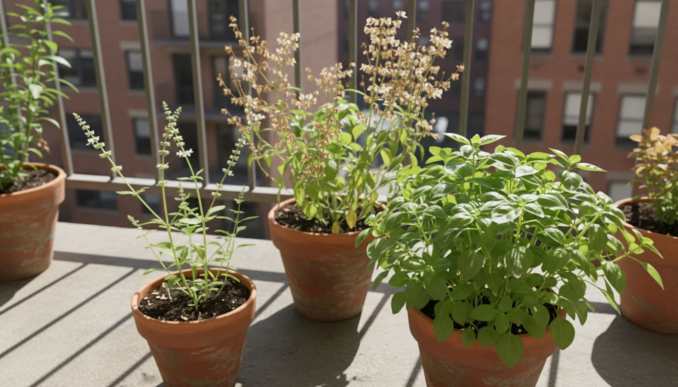 Three terracotta pots on a balcony, showing basil plants at young, flowering, and seed-producing stages under soft morning light.