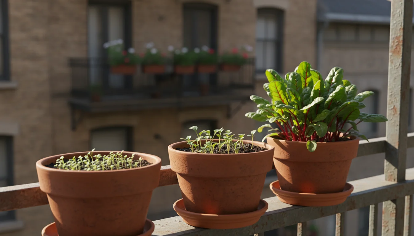 Three terracotta pots on a balcony railing display Swiss chard at different growth stages: tiny seedlings, young plants, and small harvestable leaves.
