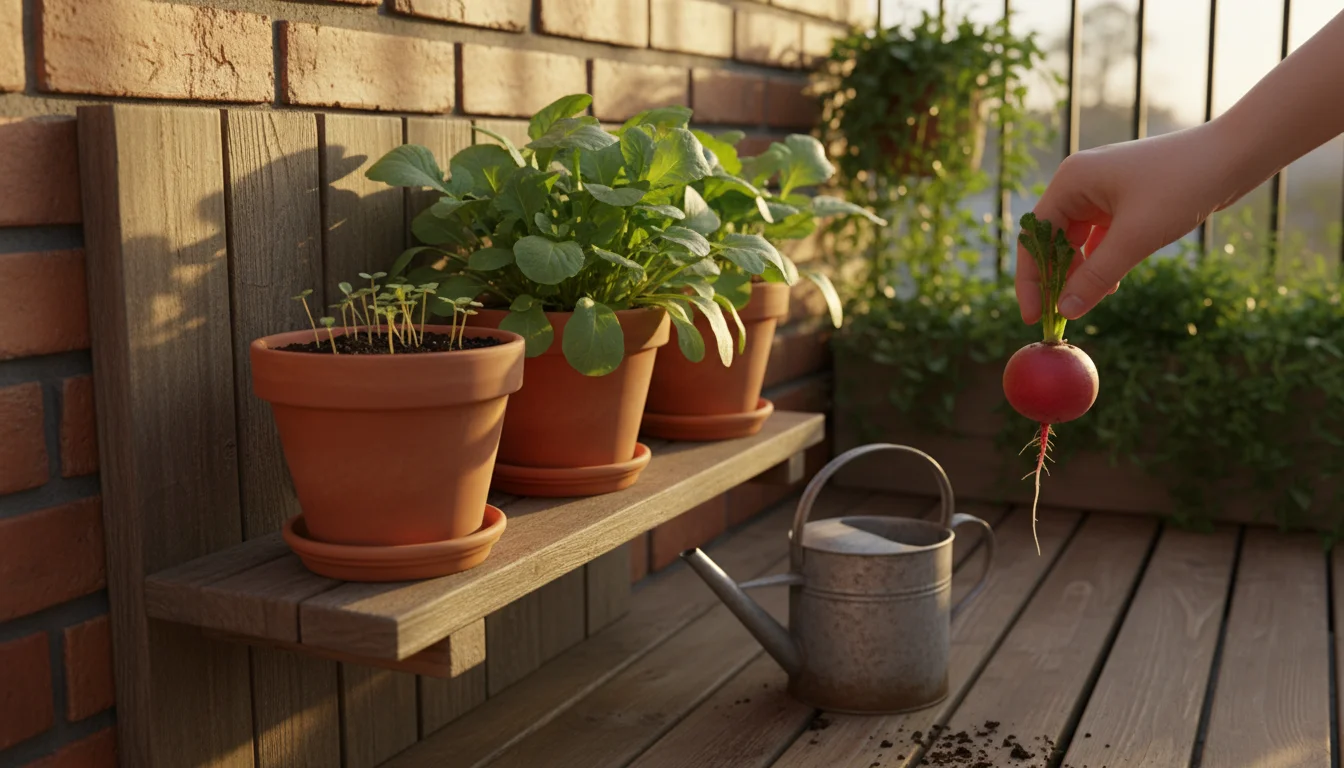 Three terracotta pots on a rustic balcony shelf show radishes in various growth stages, from tiny sprouts to mature, with a hand harvesting one.