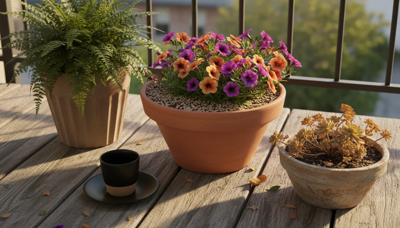 Three terracotta pots on a wooden deck: a mulched calibrachoa, a sedum with autumn leaves, and a shaded fern, with a watering can.