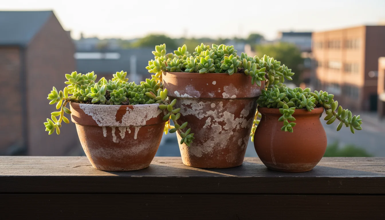 Three terracotta pots on a wooden railing; two have white mineral crust, one is clean with a small herb.