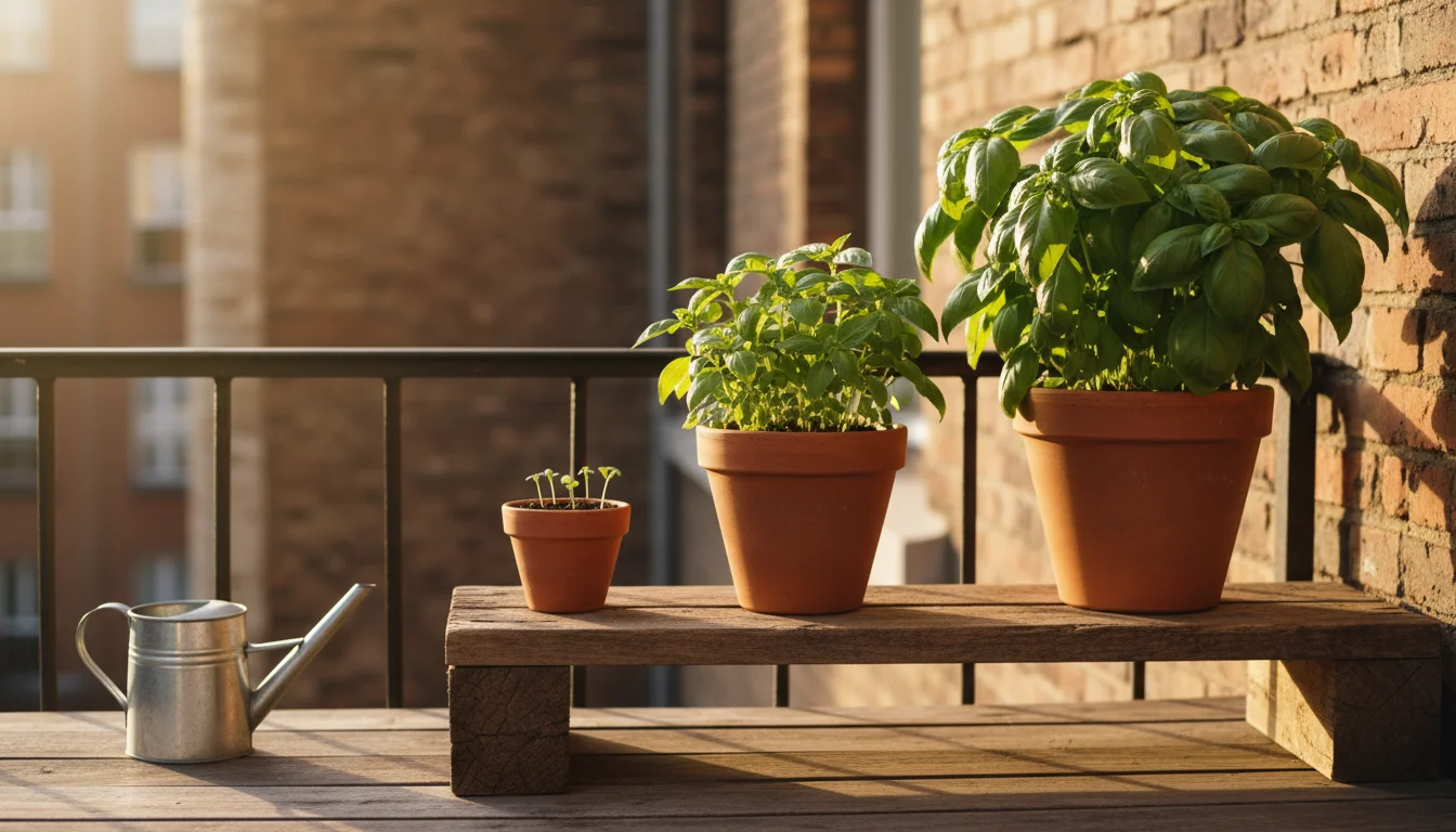 Three terracotta pots on a wooden shelf, showing basil at different growth stages from seedling to mature plant, on a sunny urban balcony.